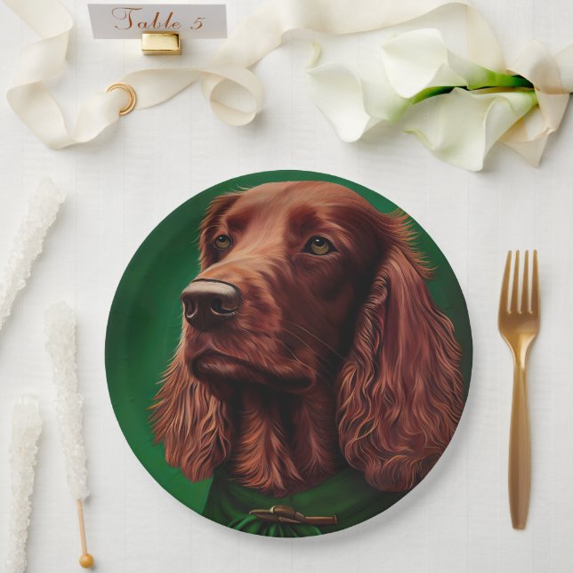 Irish Red Setter Dog in St. Patrick's Day Dress Paper Plates (Wedding)