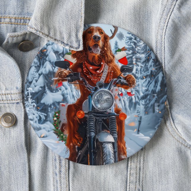 Irish Red Setter Dog Riding Motorcycle Christmas Button (In Situ)
