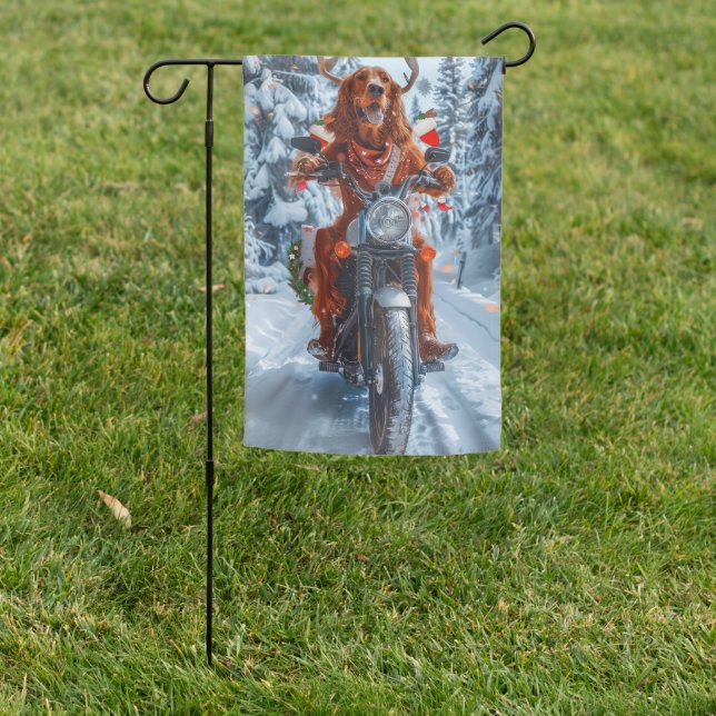 Irish Red Setter Dog Riding Motorcycle Christmas Garden Flag (In SItu)