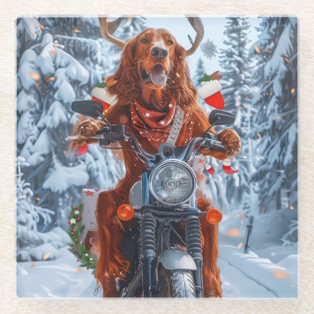 Irish Red Setter Dog Riding Motorcycle Christmas Glass Coaster (Front)