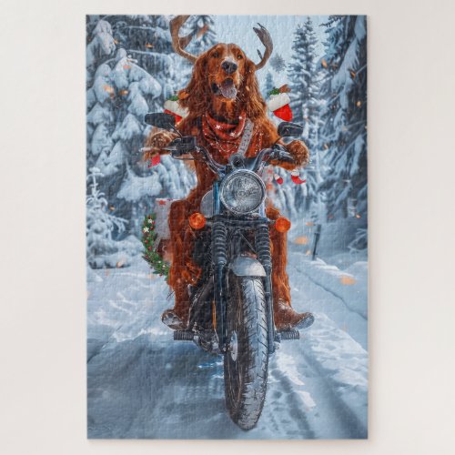 Irish Red Setter Dog Riding Motorcycle Christmas Jigsaw Puzzle