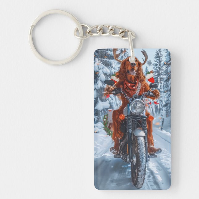 Irish Red Setter Dog Riding Motorcycle Christmas Keychain (Front)
