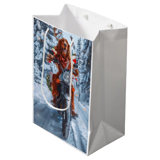 Irish Red Setter Dog Riding Motorcycle Christmas Medium Gift Bag (Front Angled)