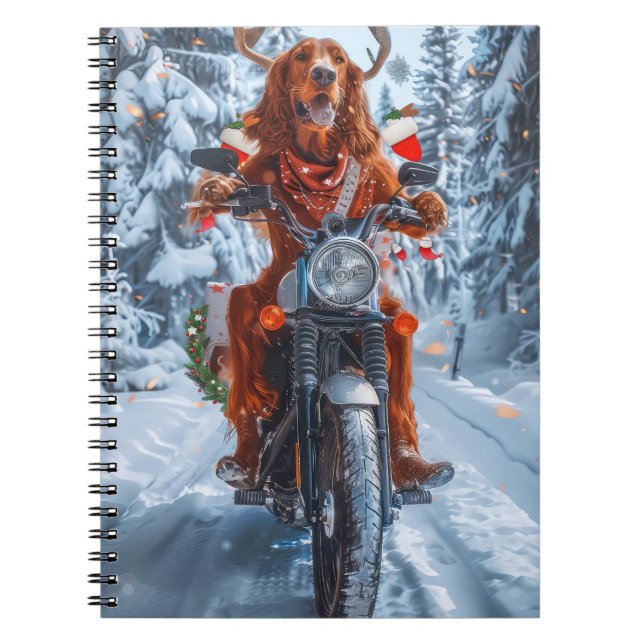 Irish Red Setter Dog Riding Motorcycle Christmas Notebook (Front)