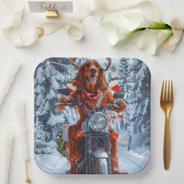 Irish Red Setter Dog Riding Motorcycle Christmas Paper Plates (Wedding)