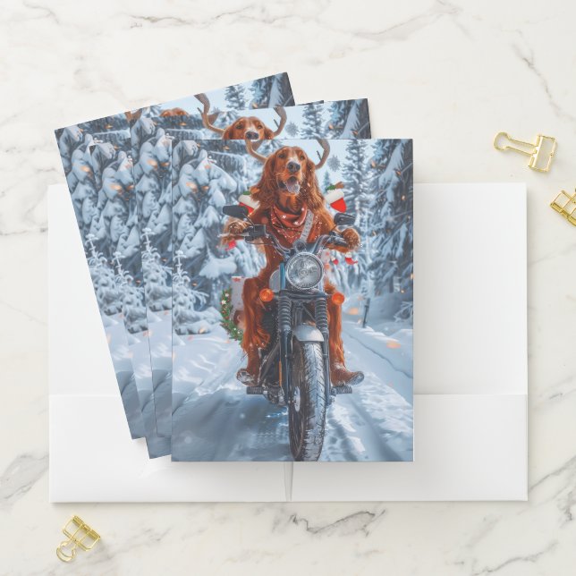 Irish Red Setter Dog Riding Motorcycle Christmas Pocket Folder (In Situ)