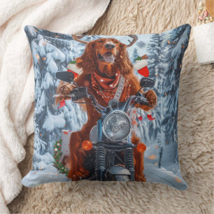 Irish Red Setter Dog Riding Motorcycle Christmas Throw Pillow