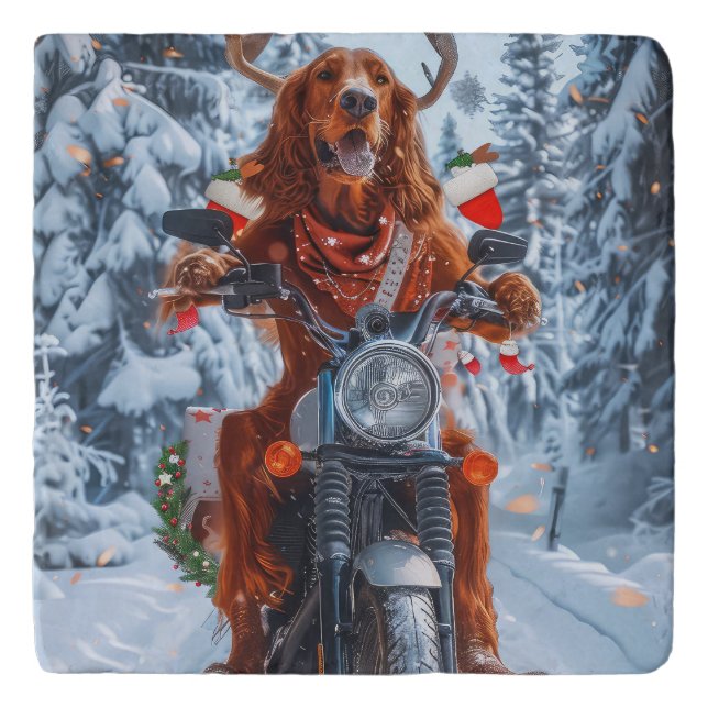 Irish Red Setter Dog Riding Motorcycle Christmas Trivet (Front)