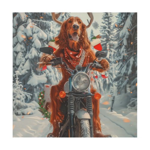 Irish Red Setter Dog Riding Motorcycle Christmas Wood Wall Art