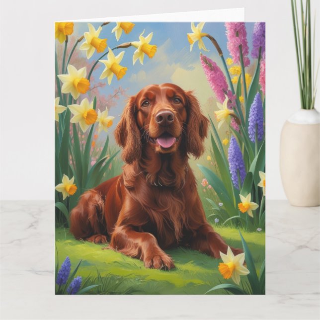 Irish Red Setter Dog Spring Flowers Painting  Card (Front)