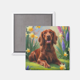 Irish Red Setter Dog Spring Flowers Painting  Magnet