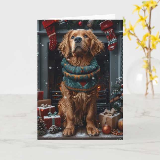 Irish Red Setter Dog With Christmas Gift Fireplace Card (Yellow Flower)