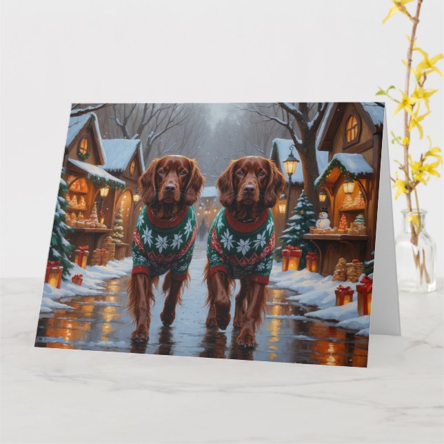 Irish Red Setter Dogs Christmas Snow Holiday Card (Yellow Flower)