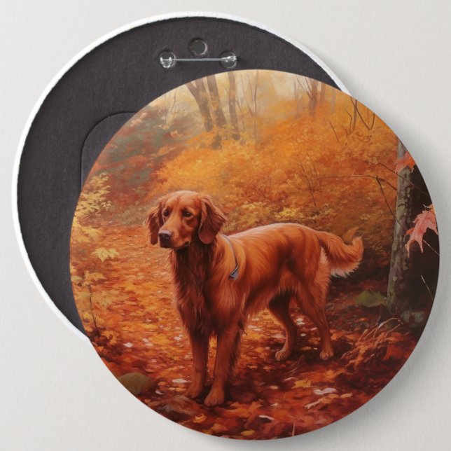 Irish Red Setter in Autumn Leaves Fall Inspire  Button (Front & Back)