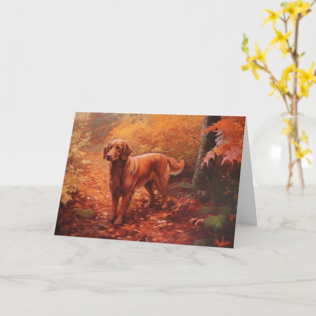 Irish Red Setter in Autumn Leaves Fall Inspire  Card (Yellow Flower)