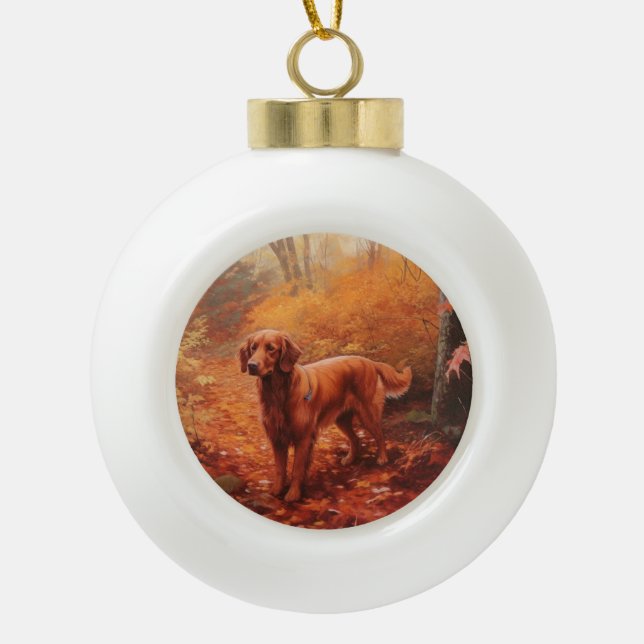 Irish Red Setter in Autumn Leaves Fall Inspire  Ceramic Ball Christmas Ornament (Front)