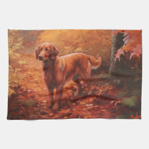 Irish Red Setter in Autumn Leaves Fall Inspire Kitchen Towel