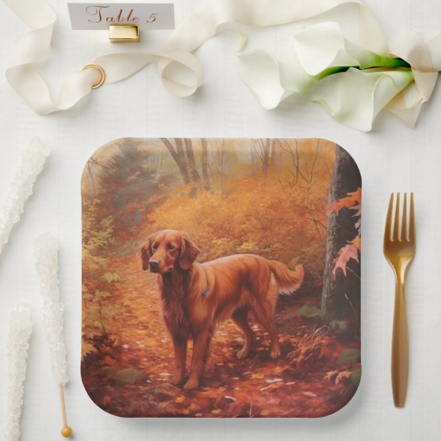 Irish Red Setter in Autumn Leaves Fall Inspire  Paper Plates (Wedding)