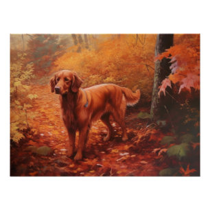 Irish Red Setter in Autumn Leaves Fall Inspire Poster