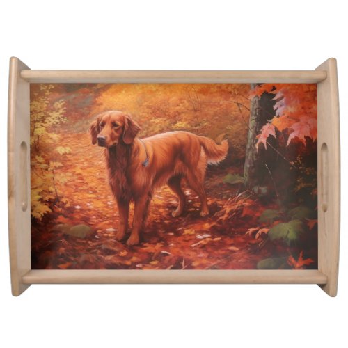 Irish Red Setter in Autumn Leaves Fall Inspire  Serving Tray