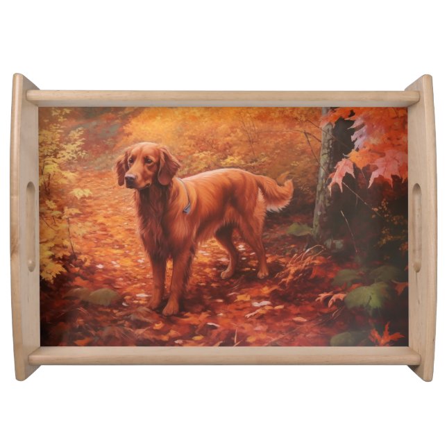 Irish Red Setter in Autumn Leaves Fall Inspire  Serving Tray (Front)