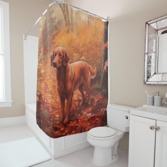 Irish Red Setter in Autumn Leaves Fall Inspire  Shower Curtain (In Situ)