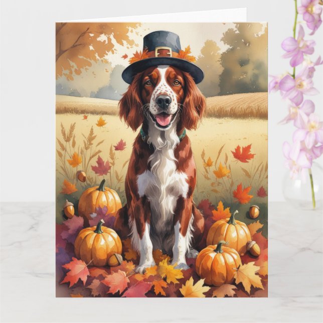 Irish Red Setter In Autumn Leaves Thanksgiving Art Card (Orchid)