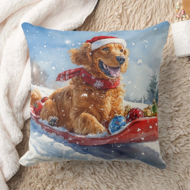 Irish Red Setter in Sledge Let it Snow Christmas Throw Pillow (Blanket)
