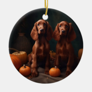 Irish Red Setter Puppy Autumn Delight Pumpkin Ceramic Ornament