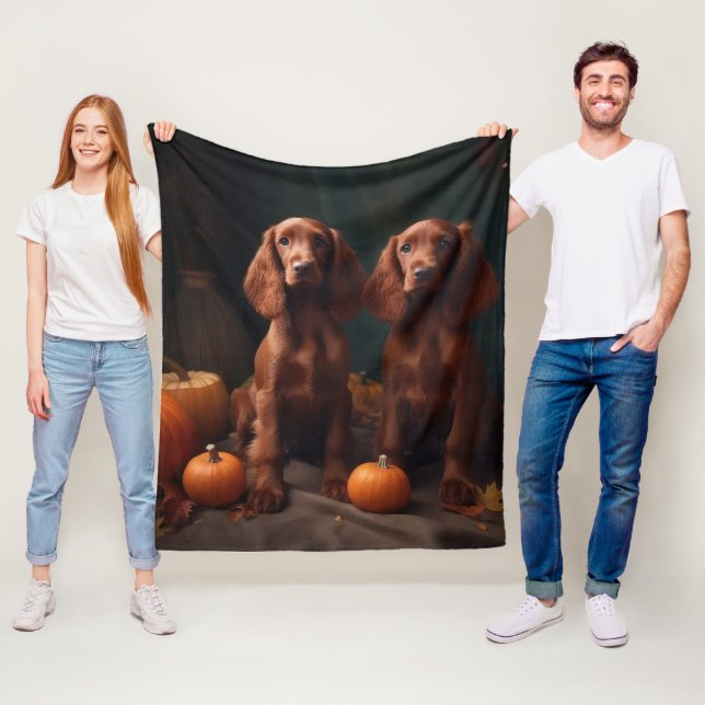 Irish Red Setter Puppy Autumn Delight Pumpkin Fleece Blanket (In Situ)