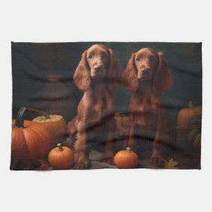 Irish Red Setter Puppy Autumn Delight Pumpkin Kitchen Towel