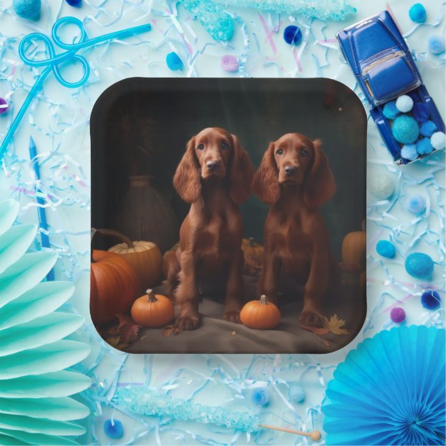 Irish Red Setter Puppy Autumn Delight Pumpkin Paper Plates (Party)