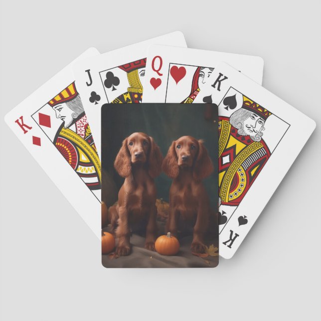 Irish Red Setter Puppy Autumn Delight Pumpkin Poker Cards (Back)