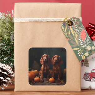 Irish Red Setter Puppy Autumn Delight Pumpkin Square Sticker