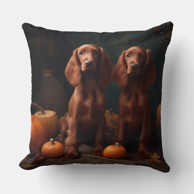 Irish Red Setter Puppy Autumn Delight Pumpkin Throw Pillow (Front)