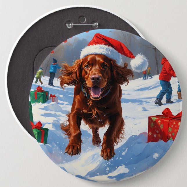 Irish Red Setter Running Snow with Christmas Hat Button (Front & Back)