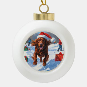 Irish Red Setter Running Snow with Christmas Hat Ceramic Ball Christmas Ornament