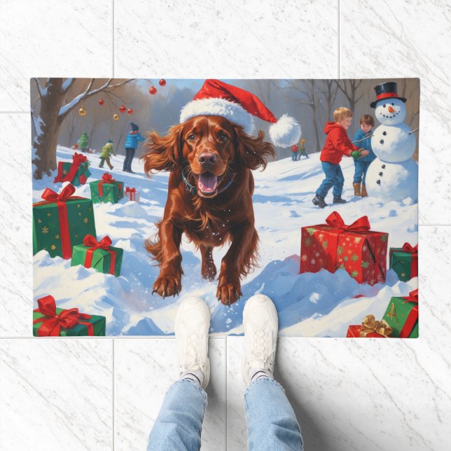 Irish Red Setter Running Snow with Christmas Hat Doormat (Indoor)