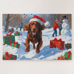 Irish Red Setter Running Snow with Christmas Hat Jigsaw Puzzle