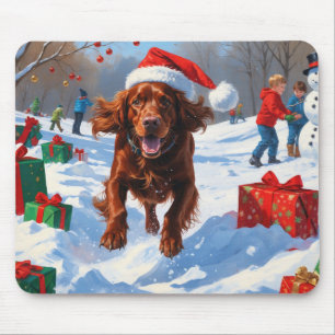 Irish Red Setter Running Snow with Christmas Hat Mouse Pad