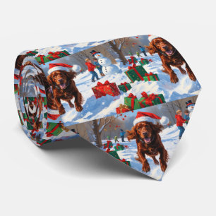 Irish Red Setter Running Snow with Christmas Hat Neck Tie