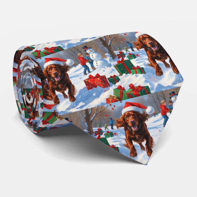 Irish Red Setter Running Snow with Christmas Hat Neck Tie (Rolled)