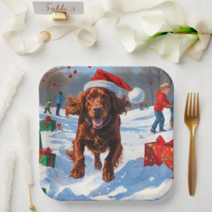 Irish Red Setter Running Snow with Christmas Hat Paper Plates