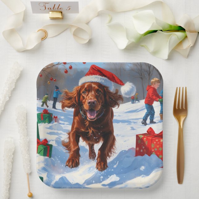 Irish Red Setter Running Snow with Christmas Hat Paper Plates (Wedding)