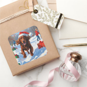 Irish Red Setter Running Snow with Christmas Hat Square Sticker