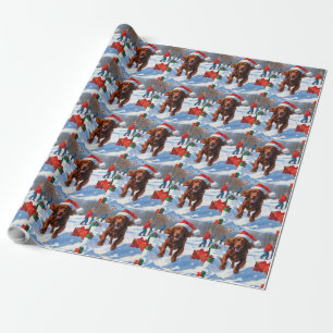 Irish Red Setter Running Snow with Christmas Hat Wrapping Paper