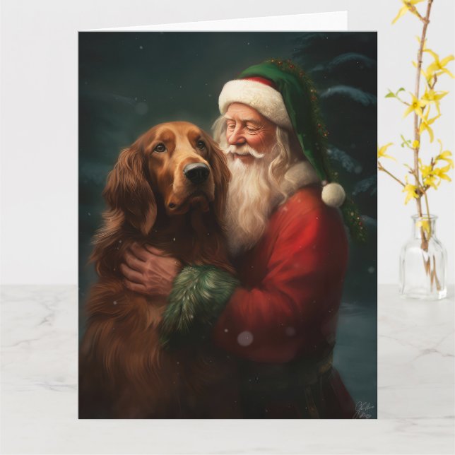 Irish Red Setter Santa Claus Festive Christmas Card (Yellow Flower)