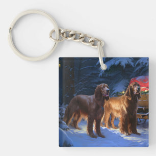 Irish Red Setter Snowy Sleigh Christmas Decor  Keychain