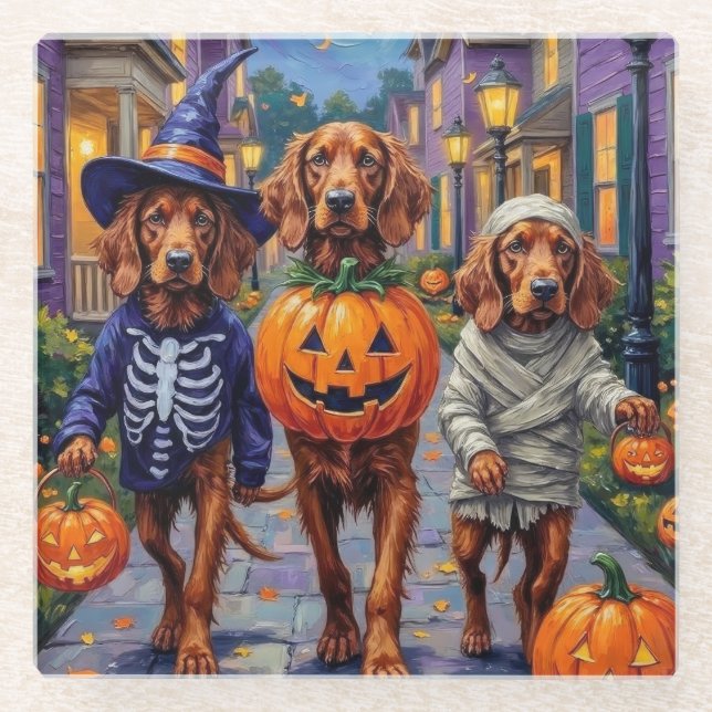 Irish Red Setter Trick-or-Treating Halloween Glass Coaster (Front)