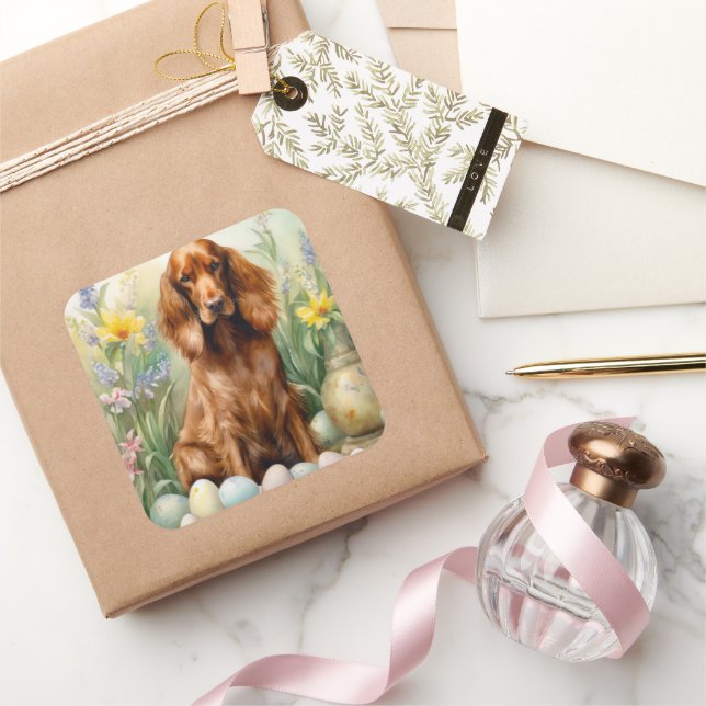 Irish Red Setter with Easter Eggs Square Sticker (Gifting)